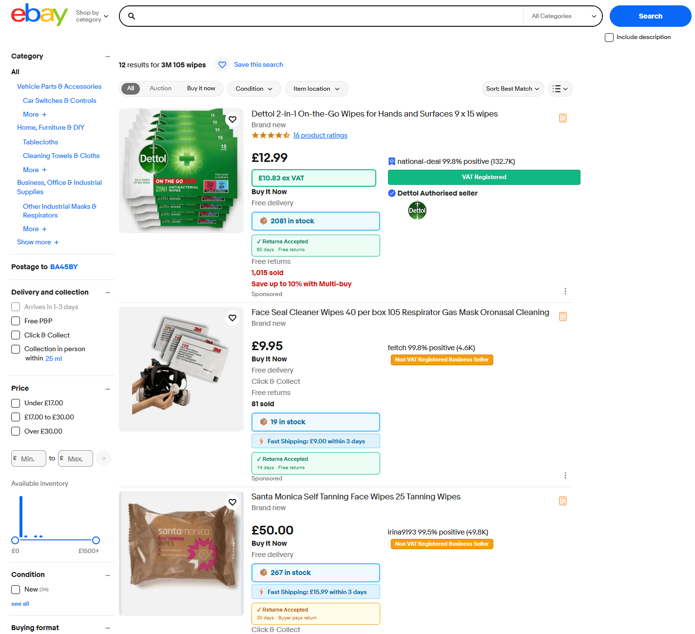 Buyer Logic extension showing ex-VAT prices on eBay search results